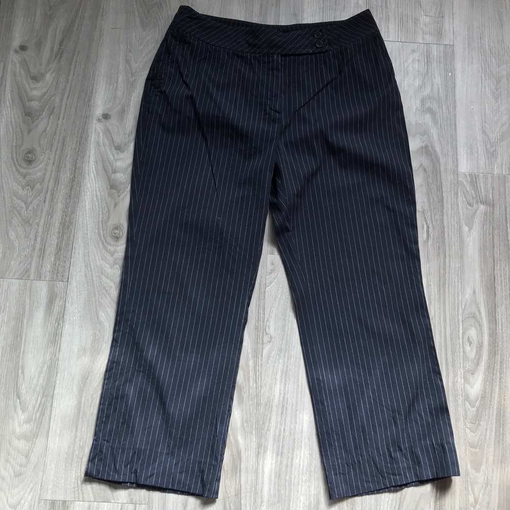 AKRIS WOMENS PANT BLUE PINSTRIPE STRAIGHT LEG FLAT FRONT TROUSERS 10